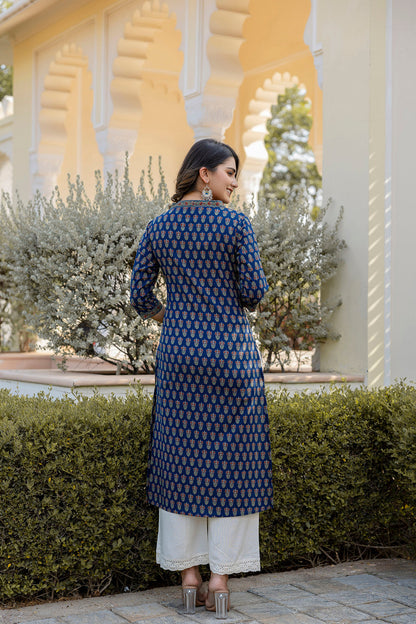 Women Blue Printed Straight Kurta With Three Quarter Sleeves | LASVINI - Redefining Indian Fashion with Elegance