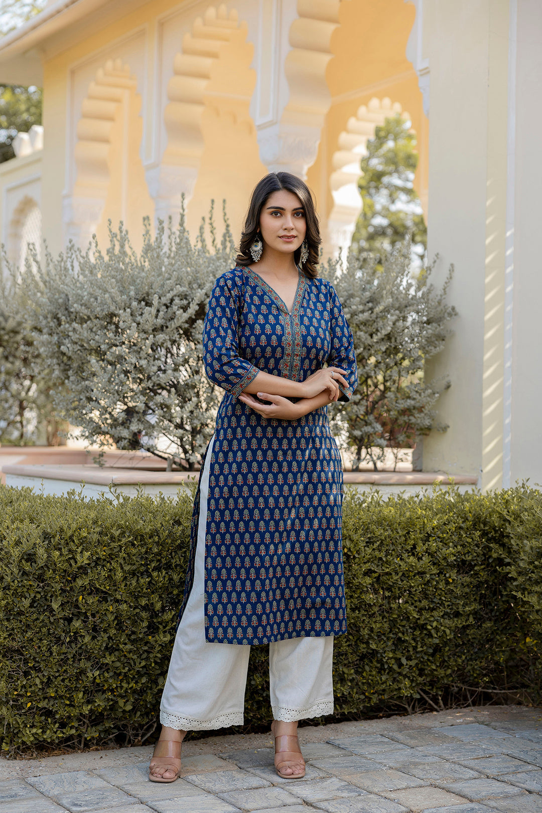 Women Blue Printed Straight Kurta With Three Quarter Sleeves | LASVINI - Redefining Indian Fashion with Elegance