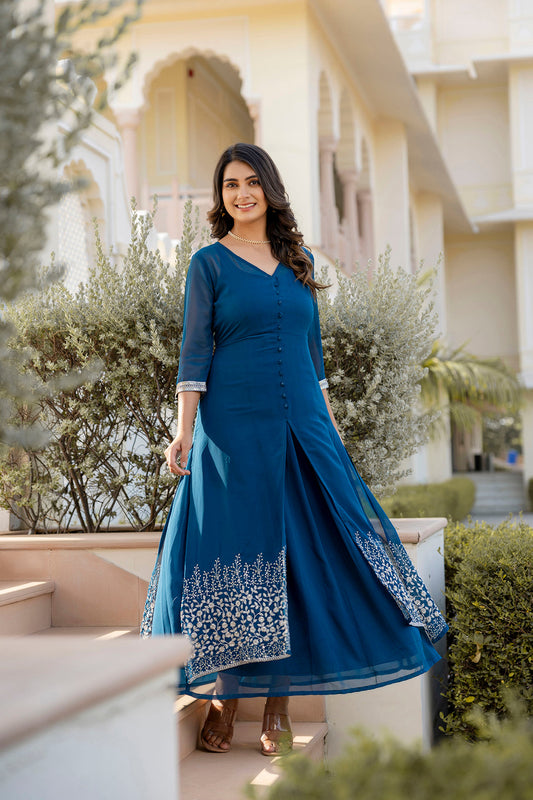 Women Teal Embroidered Flared Dress With Jacket | LASVINI - Redefining Indian Fashion with Elegance