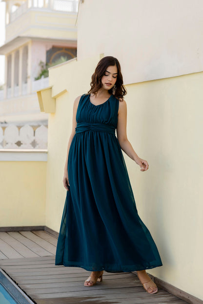 Women Teal Sleeveless Georgette Western Dress | LASVINI - Redefining Indian Fashion with Elegance