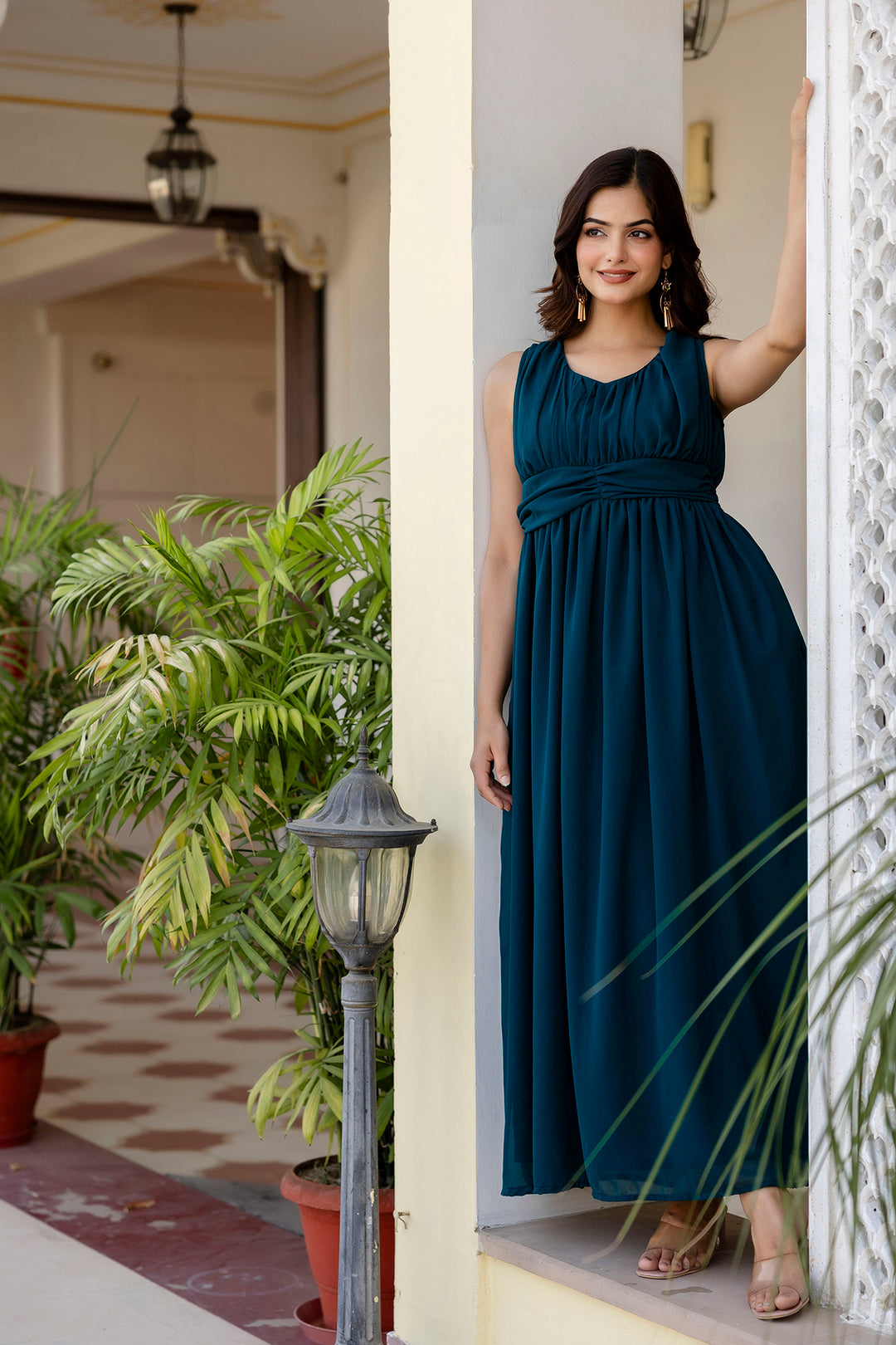 Women Teal Sleeveless Georgette Western Dress | LASVINI - Redefining Indian Fashion with Elegance