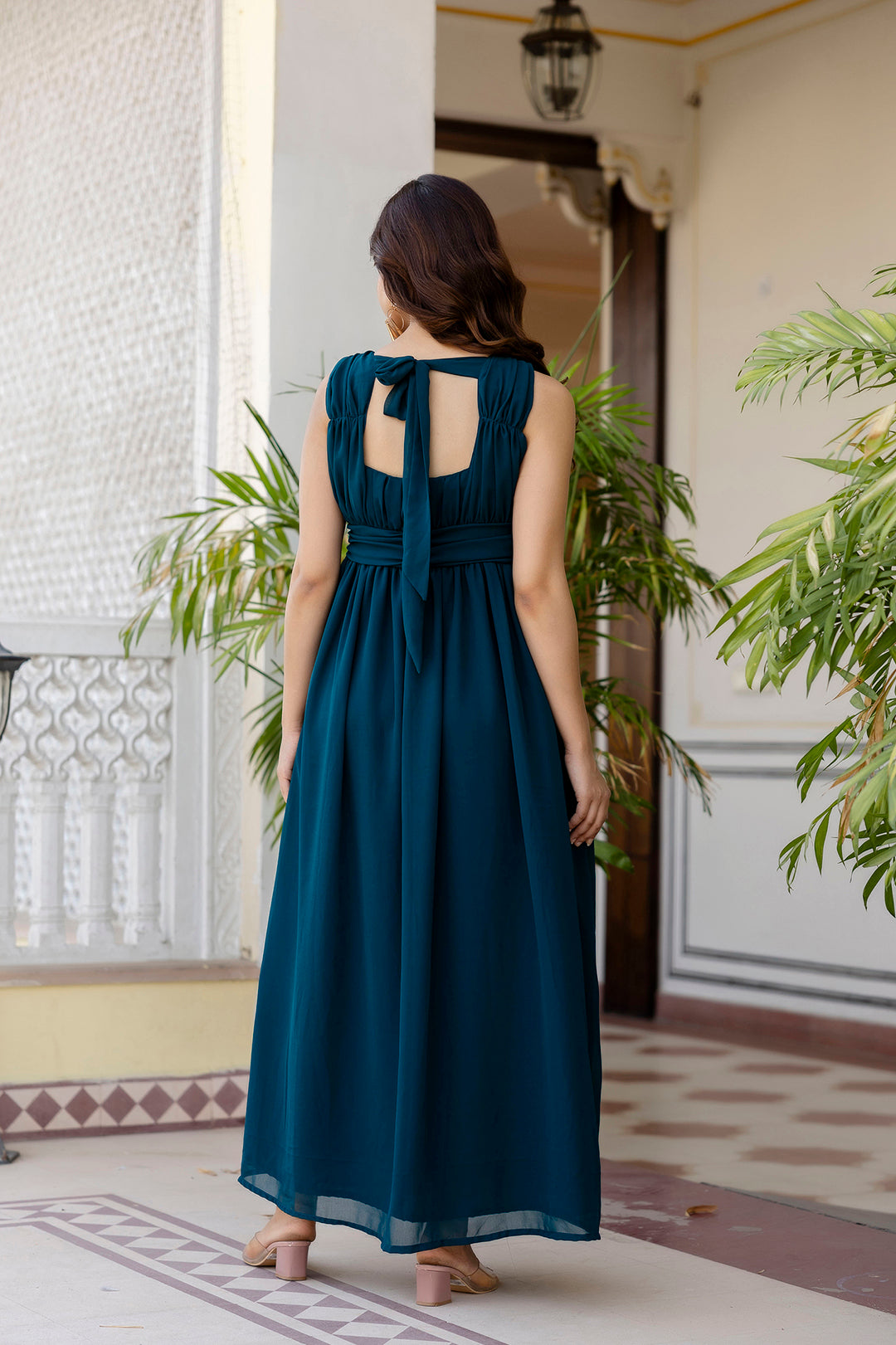 Women Teal Sleeveless Georgette Western Dress | LASVINI - Redefining Indian Fashion with Elegance