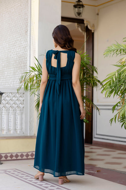 Women Teal Sleeveless Georgette Western Dress | LASVINI - Redefining Indian Fashion with Elegance