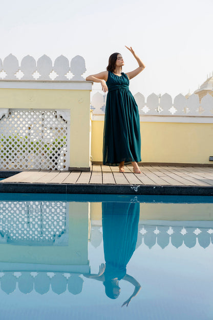 Women Teal Sleeveless Georgette Western Dress | LASVINI - Redefining Indian Fashion with Elegance