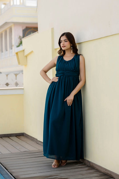 Women Teal Sleeveless Georgette Western Dress | LASVINI - Redefining Indian Fashion with Elegance