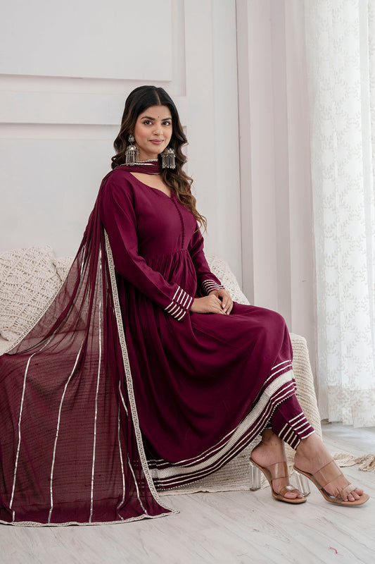 Women Burgundy Anarkali Kurta And Trouser With Dupatta | LASVINI - Redefining Indian Fashion with Elegance
