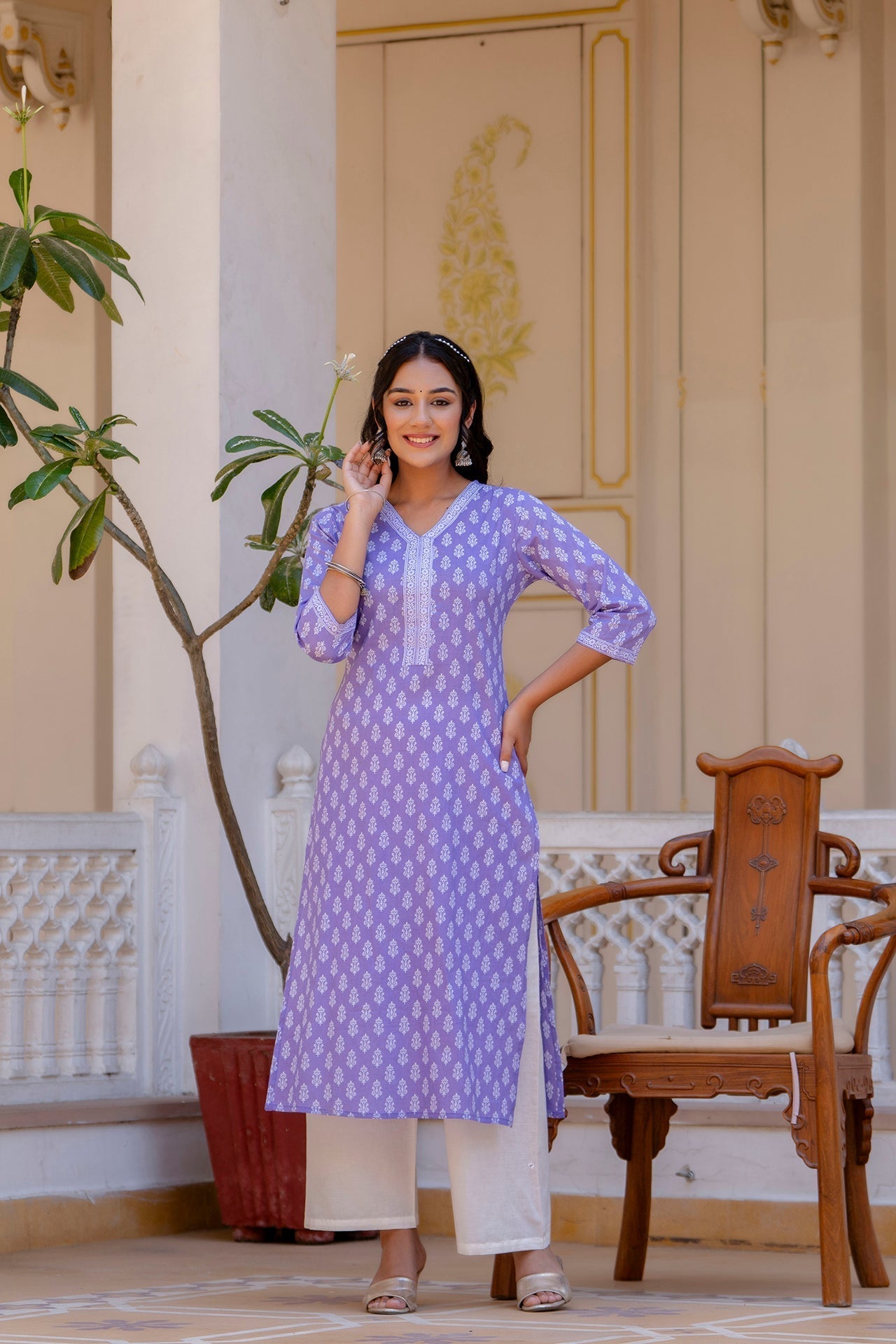 Women Purple Ethnic Printed Straight Kurta With Three Quarter Sleeves | LASVINI - Redefining Indian Fashion with Elegance