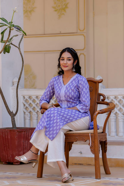 Women Purple Ethnic Printed Straight Kurta With Three Quarter Sleeves | LASVINI - Redefining Indian Fashion with Elegance