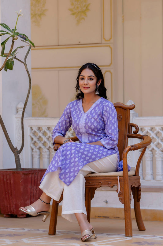 Women Purple Ethnic Printed Straight Kurta With Three Quarter Sleeves | LASVINI - Redefining Indian Fashion with Elegance