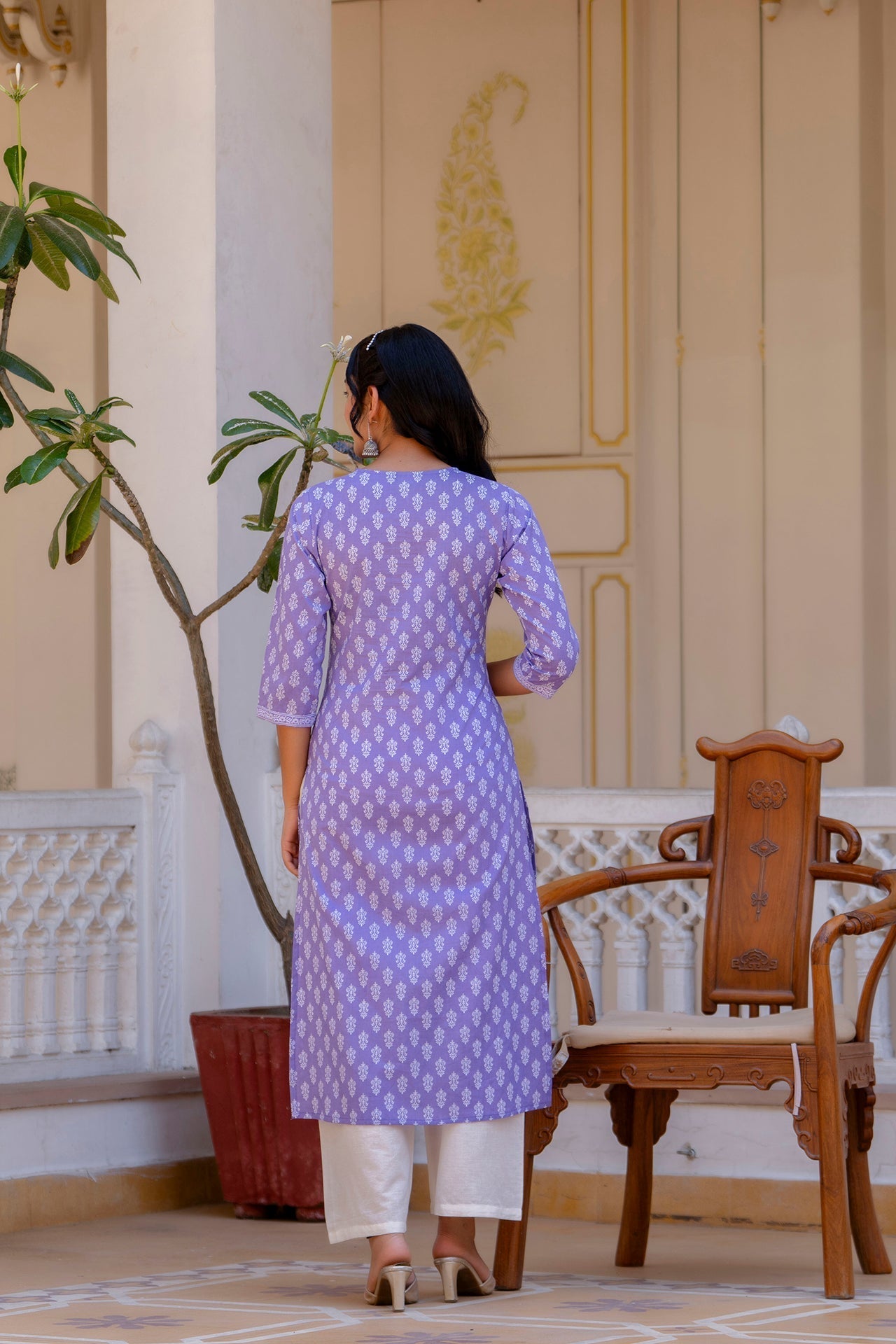 Women Purple Ethnic Printed Straight Kurta With Three Quarter Sleeves | LASVINI - Redefining Indian Fashion with Elegance