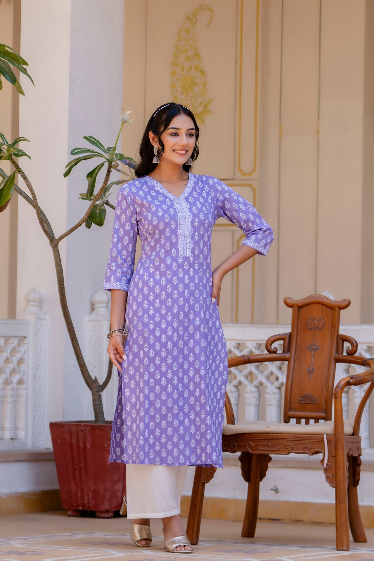 Women Purple Ethnic Printed Straight Kurta With Three Quarter Sleeves | LASVINI - Redefining Indian Fashion with Elegance