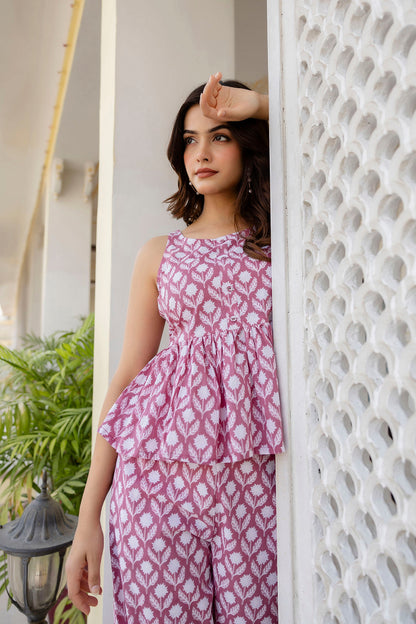 Women Mauve Printed Co-Ord Set | LASVINI - Redefining Indian Fashion with Elegance