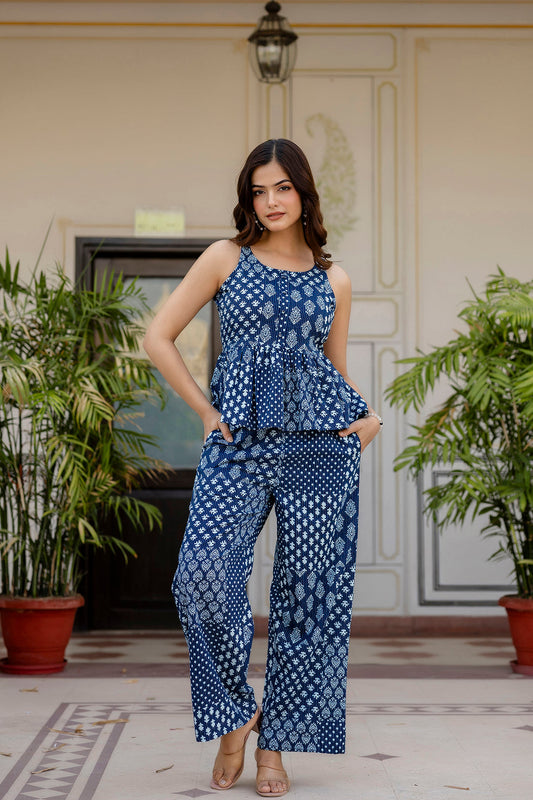 Women Navy Blue Printed Co-Ord Set | LASVINI - Redefining Indian Fashion with Elegance