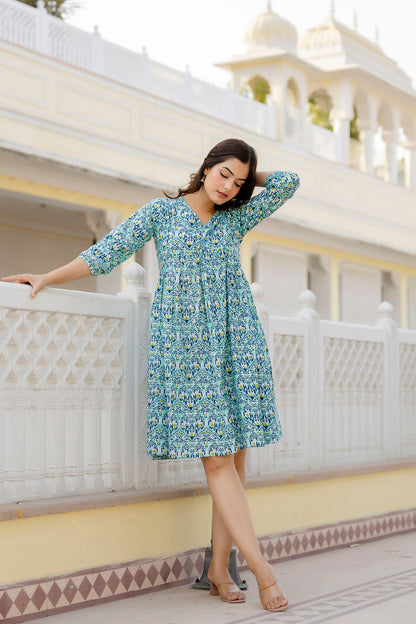 Women Green Printed Flared Dress | LASVINI - Redefining Indian Fashion with Elegance