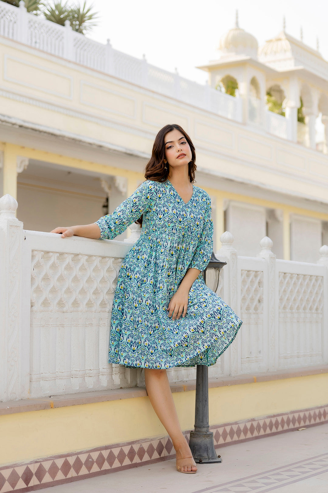 Women Green Printed Flared Dress | LASVINI - Redefining Indian Fashion with Elegance