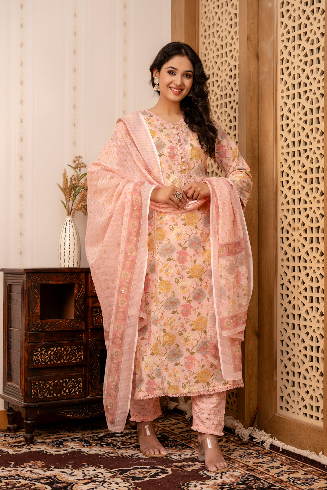 Women Pink Printed Straight Kurta And Trouser With Dupatta | LASVINI - Redefining Indian Fashion with Elegance