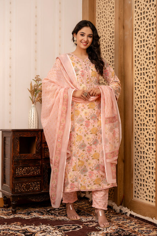 Women Pink Printed Straight Kurta And Trouser With Dupatta | LASVINI - Redefining Indian Fashion with Elegance