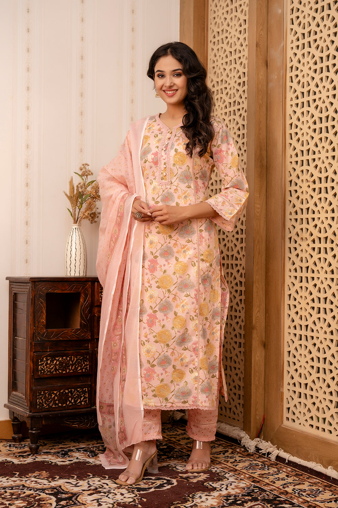 Women Pink Printed Straight Kurta And Trouser With Dupatta | LASVINI - Redefining Indian Fashion with Elegance