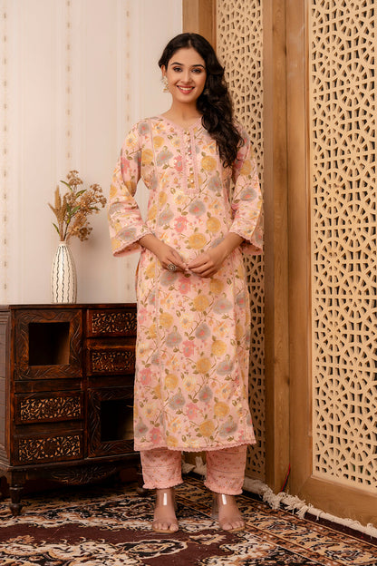 Women Pink Printed Straight Kurta And Trouser With Dupatta | LASVINI - Redefining Indian Fashion with Elegance