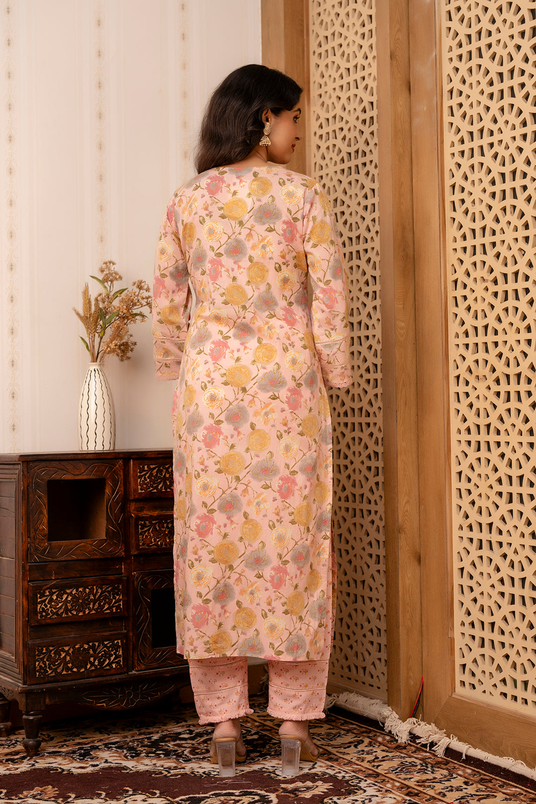 Women Pink Printed Straight Kurta And Trouser With Dupatta | LASVINI - Redefining Indian Fashion with Elegance