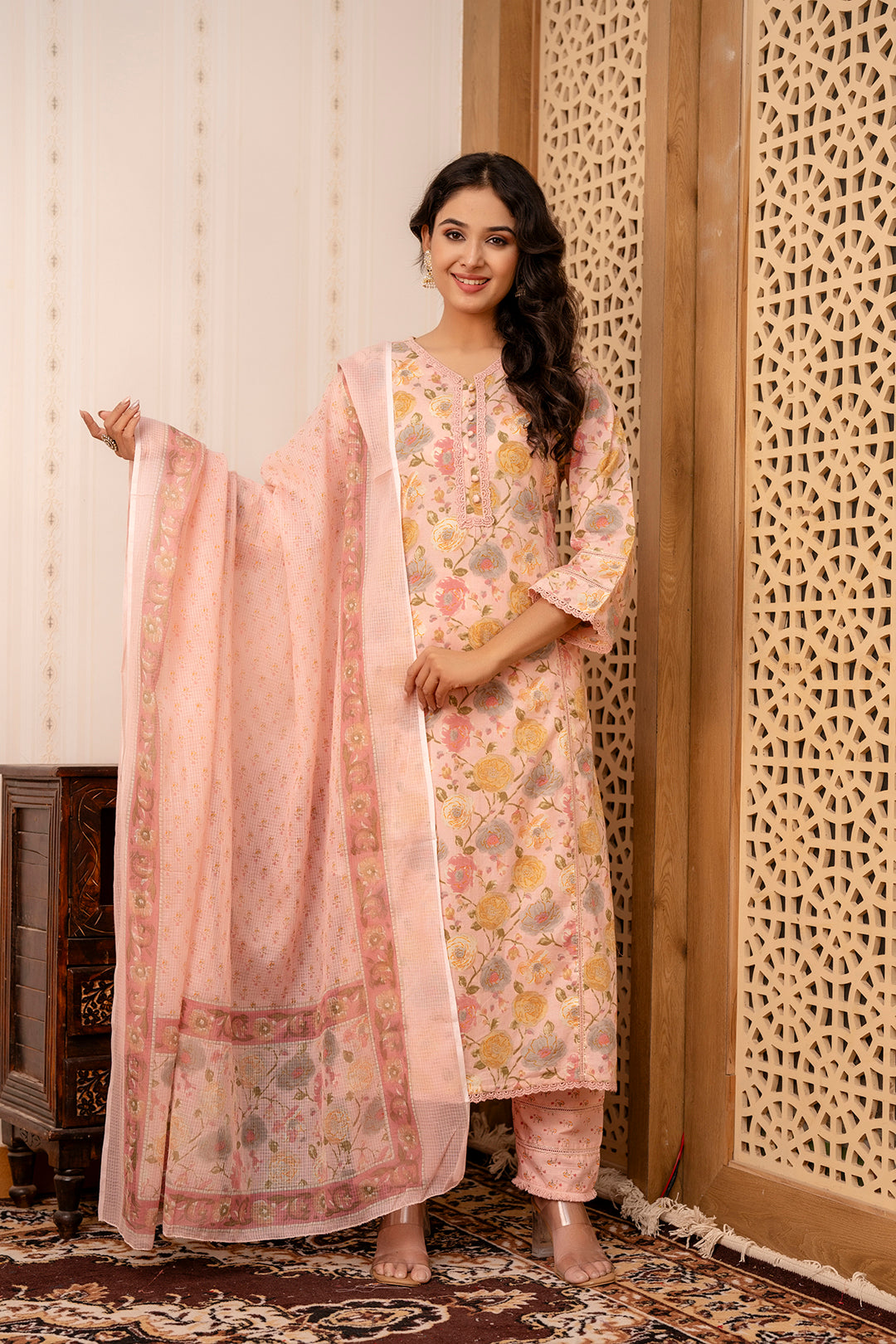 Women Pink Printed Straight Kurta And Trouser With Dupatta | LASVINI - Redefining Indian Fashion with Elegance