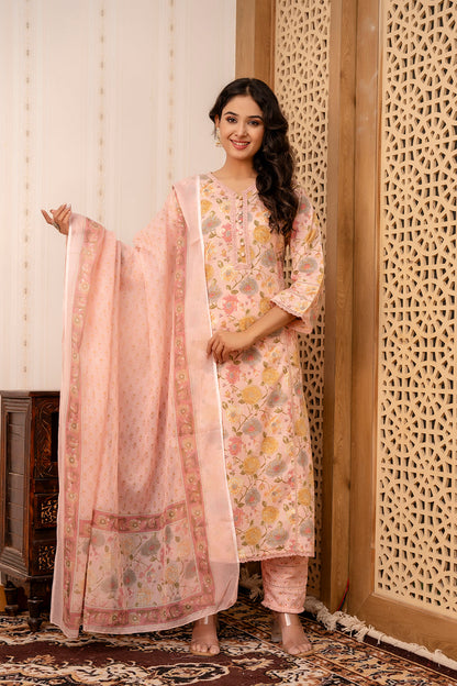 Women Pink Printed Straight Kurta And Trouser With Dupatta | LASVINI - Redefining Indian Fashion with Elegance