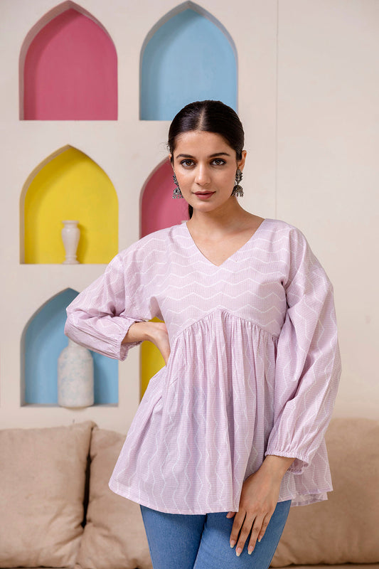 Women Pink Zig Zag Print V-Neck Peplum Tunic | LASVINI - Redefining Indian Fashion with Elegance
