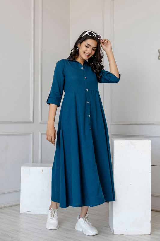 Women Teal Solid Flared Dress With Three Quarter Sleeves | LASVINI - Redefining Indian Fashion with Elegance