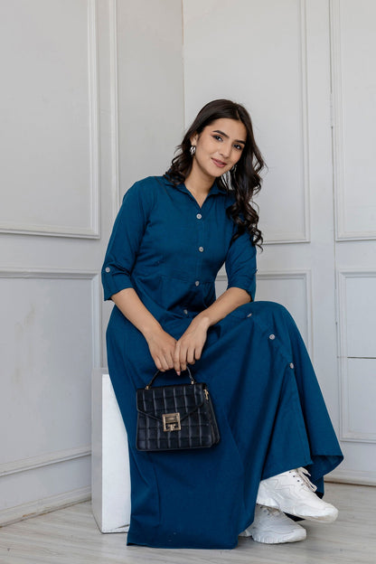 Women Teal Solid Flared Dress With Three Quarter Sleeves | LASVINI - Redefining Indian Fashion with Elegance