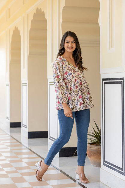 Women Off White Printed V-Neck Peplum Tunic | LASVINI - Redefining Indian Fashion with Elegance