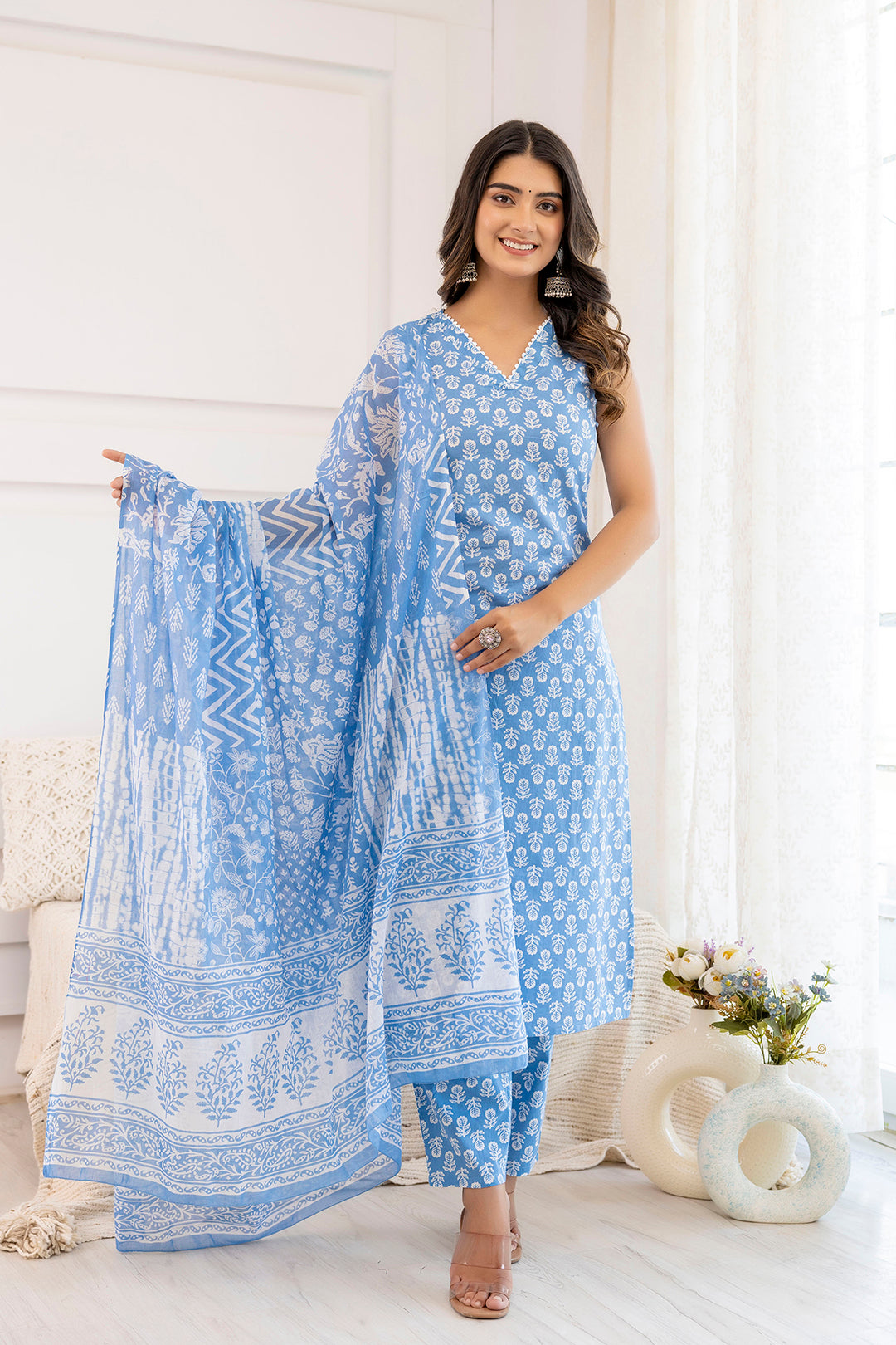 Women Aqua Blue Printed Straight Kurta With Trouser And Dupatta | LASVINI - Redefining Indian Fashion with Elegance