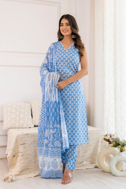 Women Aqua Blue Printed Straight Kurta With Trouser And Dupatta | LASVINI - Redefining Indian Fashion with Elegance