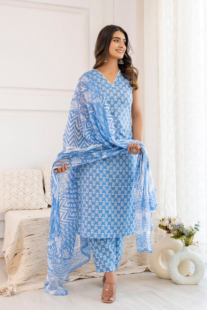 Women Aqua Blue Printed Straight Kurta With Trouser And Dupatta | LASVINI - Redefining Indian Fashion with Elegance