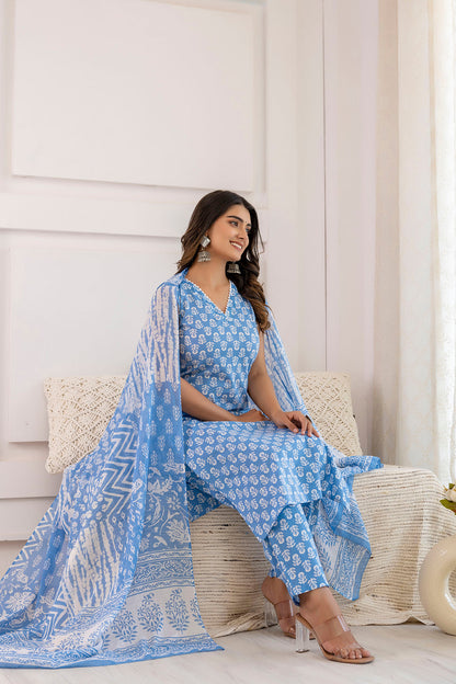 Women Aqua Blue Printed Straight Kurta With Trouser And Dupatta | LASVINI - Redefining Indian Fashion with Elegance