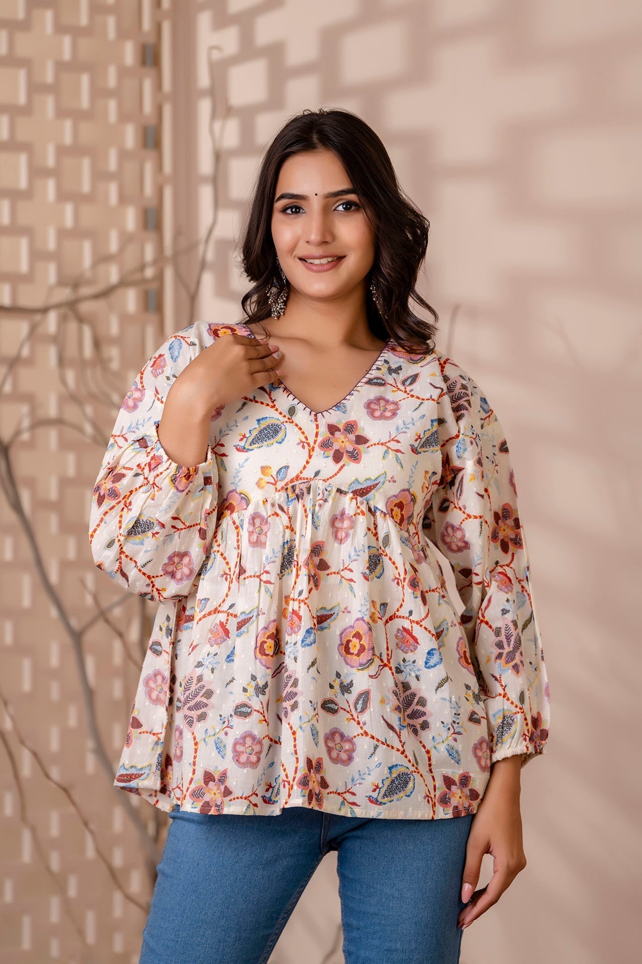 Women Off White Printed V-Neck Peplum Tunic | LASVINI - Redefining Indian Fashion with Elegance