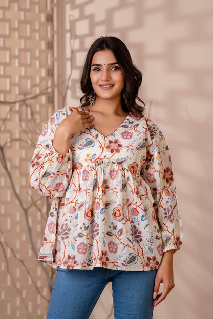 Women Off White Printed V-Neck Peplum Tunic | LASVINI - Redefining Indian Fashion with Elegance