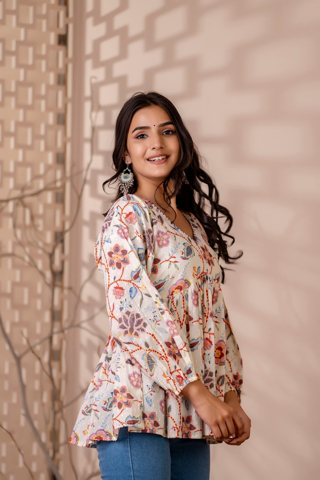 Women Off White Printed V-Neck Peplum Tunic | LASVINI - Redefining Indian Fashion with Elegance