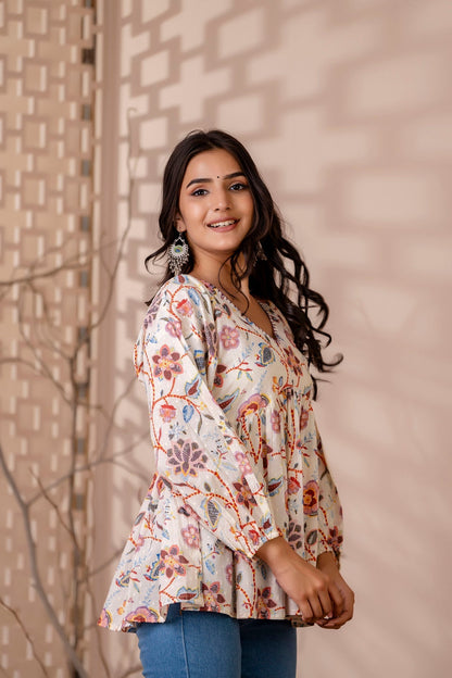 Women Off White Printed V-Neck Peplum Tunic | LASVINI - Redefining Indian Fashion with Elegance