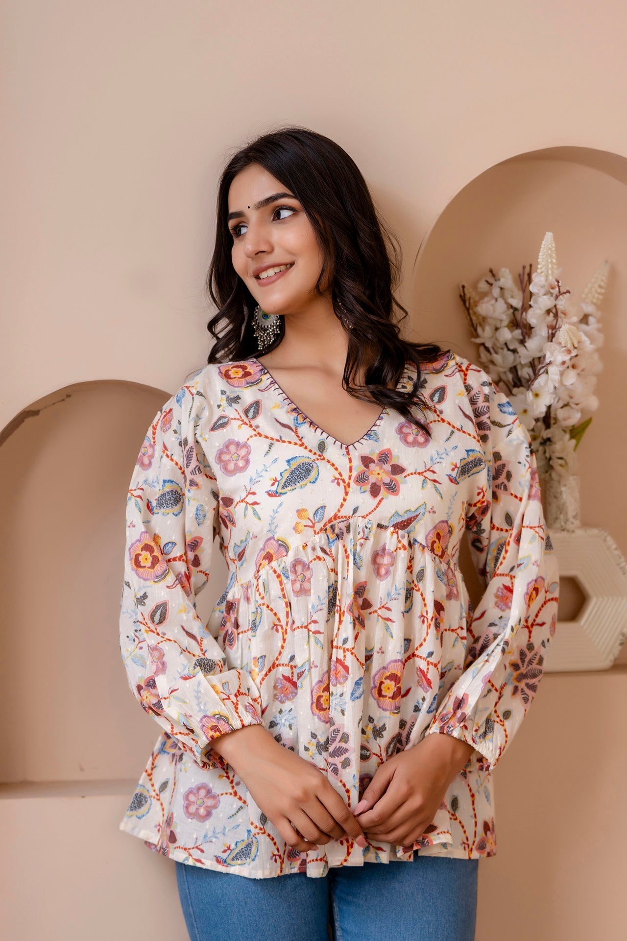 Women Off White Printed V-Neck Peplum Tunic | LASVINI - Redefining Indian Fashion with Elegance
