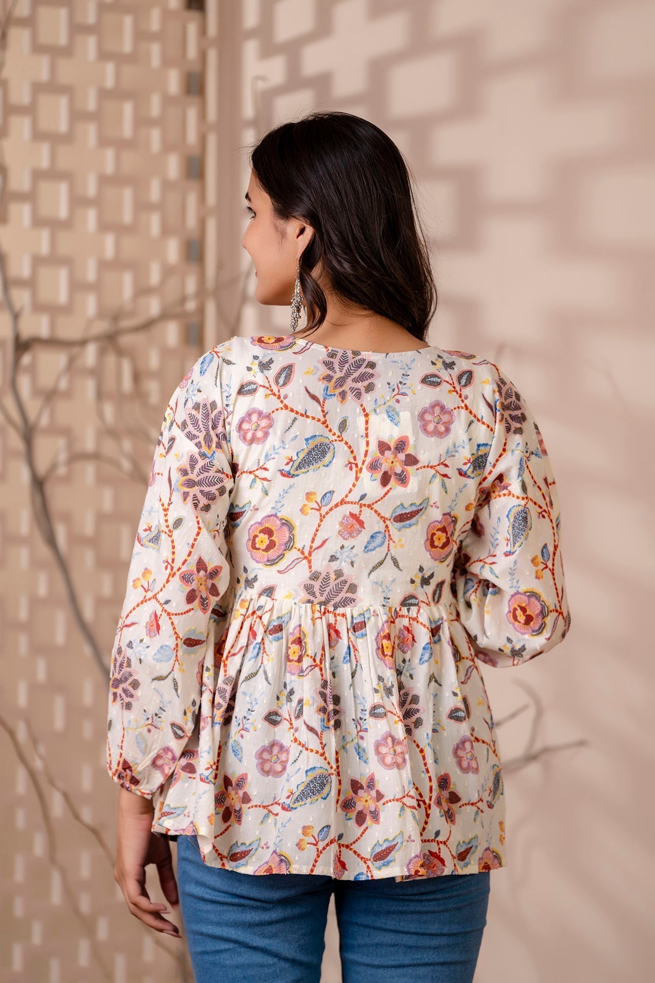 Women Off White Printed V-Neck Peplum Tunic | LASVINI - Redefining Indian Fashion with Elegance