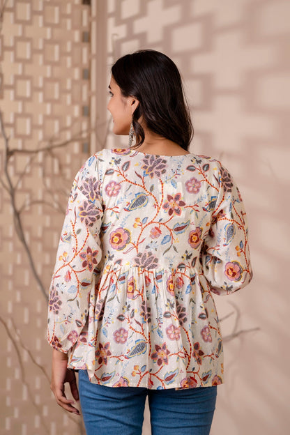 Women Off White Printed V-Neck Peplum Tunic | LASVINI - Redefining Indian Fashion with Elegance