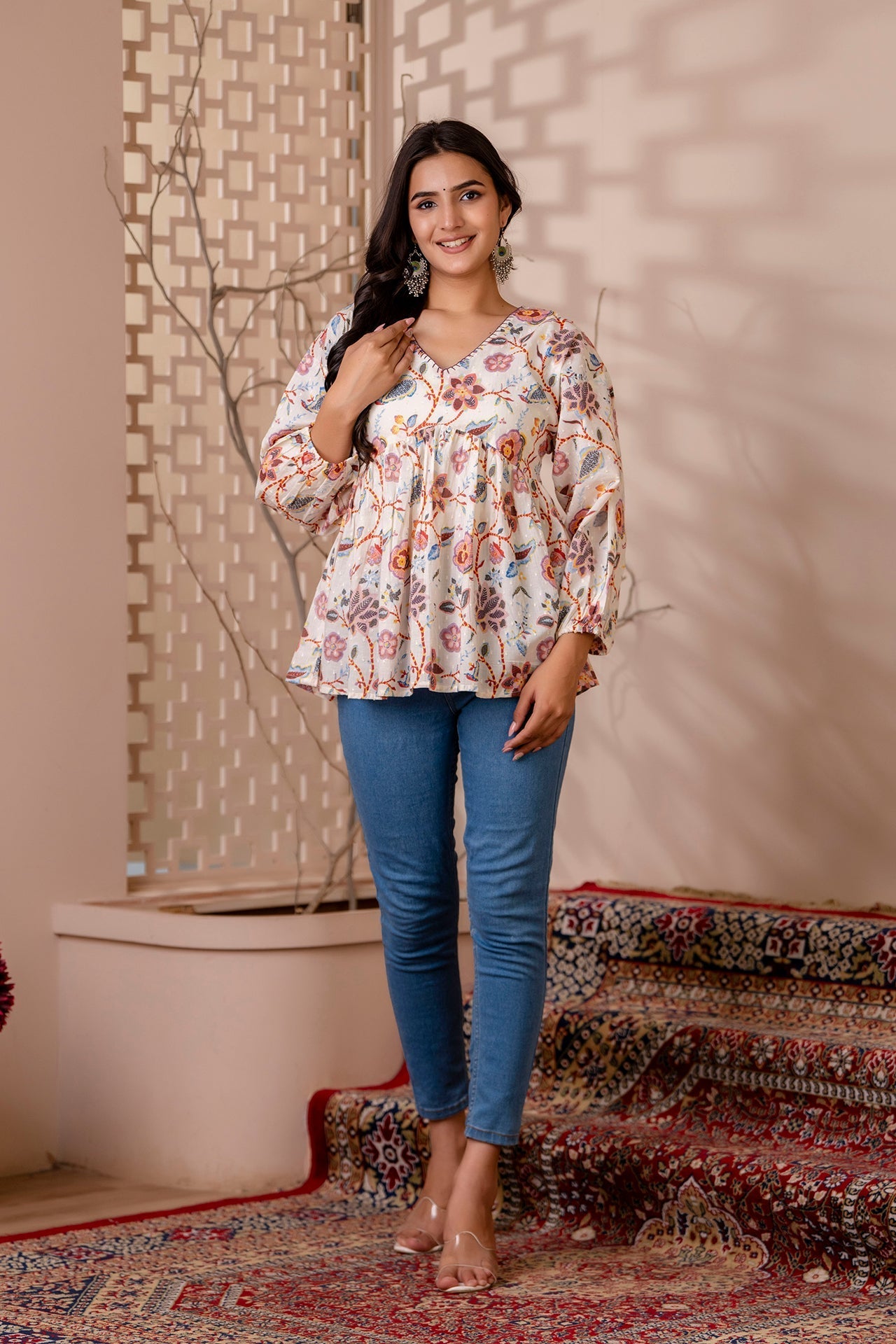 Women Off White Printed V-Neck Peplum Tunic | LASVINI - Redefining Indian Fashion with Elegance