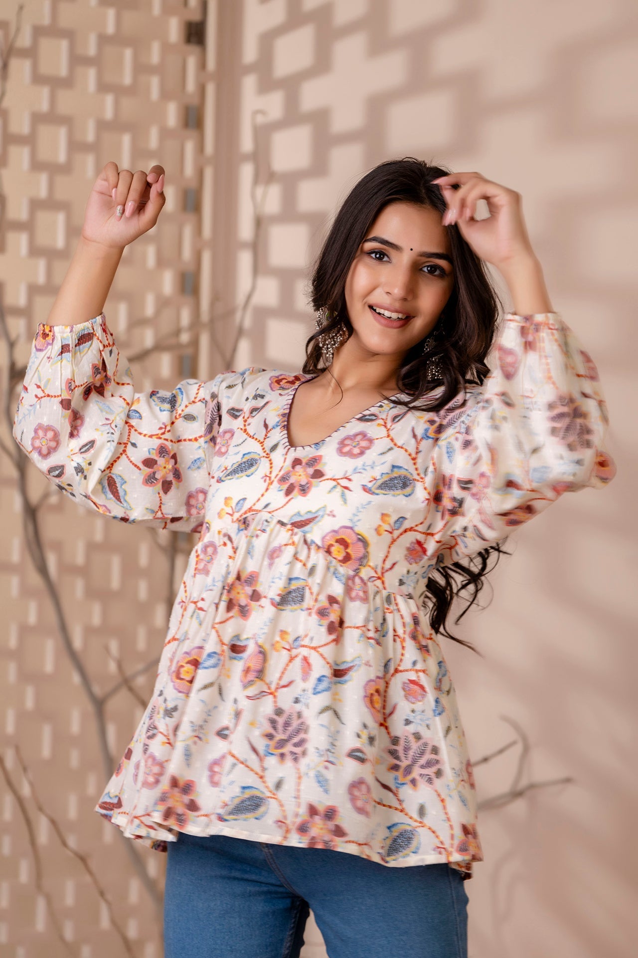Women Off White Printed V-Neck Peplum Tunic | LASVINI - Redefining Indian Fashion with Elegance