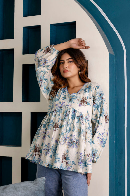 Women Off-White Printed V-Neck Peplum Tunic | LASVINI - Redefining Indian Fashion with Elegance