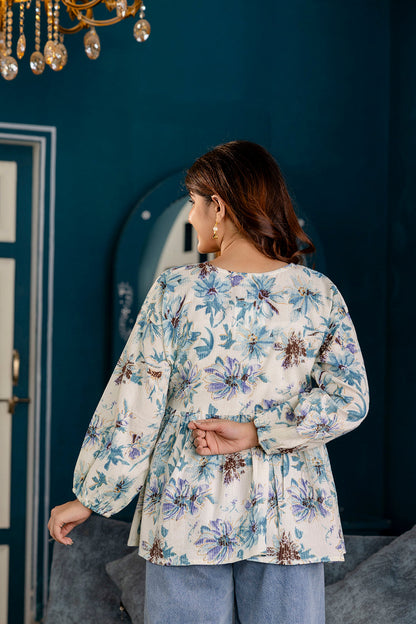 Women Off-White Printed V-Neck Peplum Tunic | LASVINI - Redefining Indian Fashion with Elegance