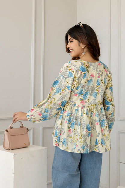 Women Off-White Printed V-Neck Peplum Tunic | LASVINI - Redefining Indian Fashion with Elegance