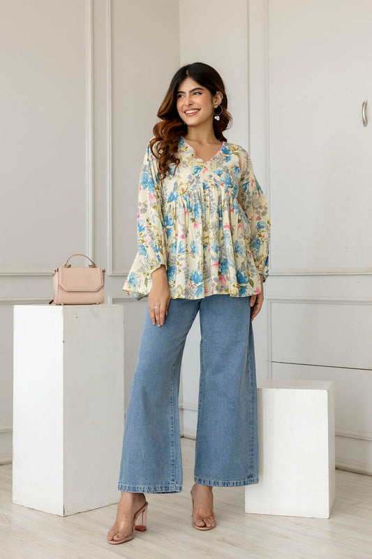 Women Off-White Printed V-Neck Peplum Tunic | LASVINI - Redefining Indian Fashion with Elegance