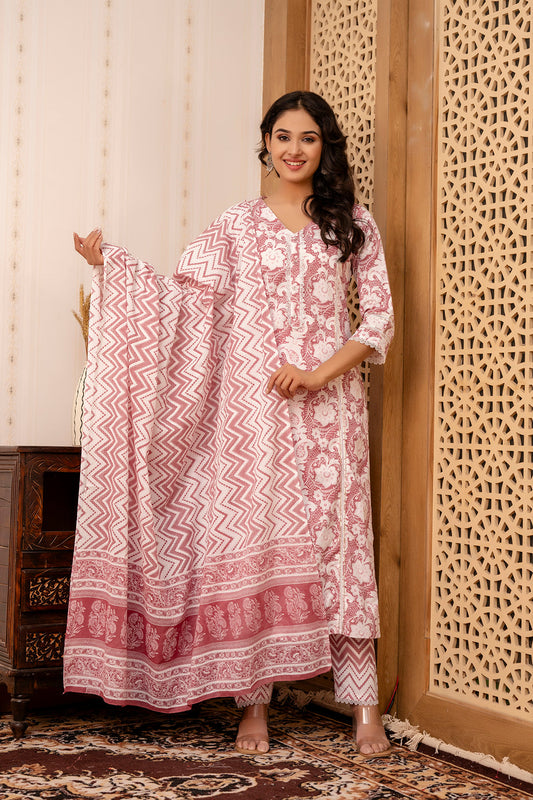 Women Mauve Floral Printed Straight Kurta And Trouser With Dupatta | LASVINI - Redefining Indian Fashion with Elegance