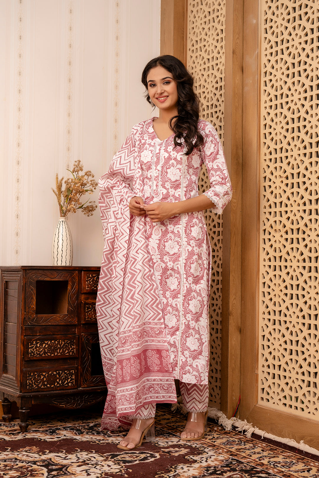 Women Mauve Floral Printed Straight Kurta And Trouser With Dupatta | LASVINI - Redefining Indian Fashion with Elegance