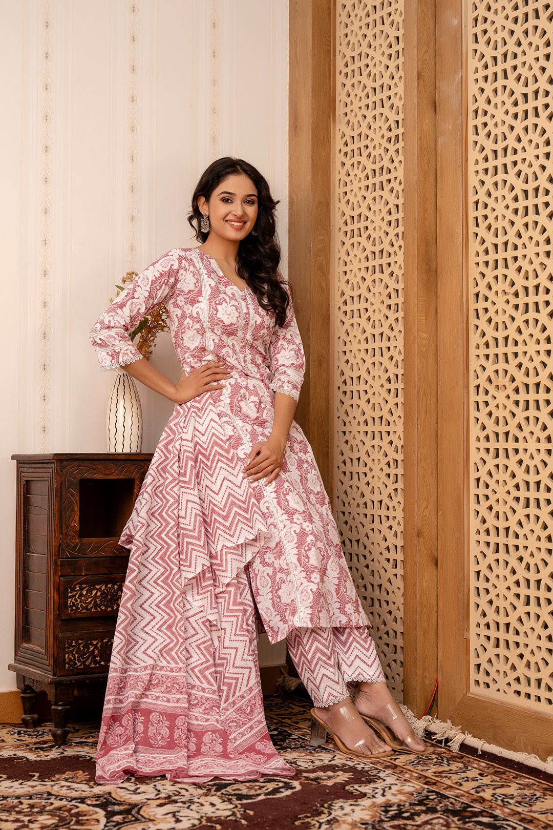Women Mauve Floral Printed Straight Kurta And Trouser With Dupatta | LASVINI - Redefining Indian Fashion with Elegance